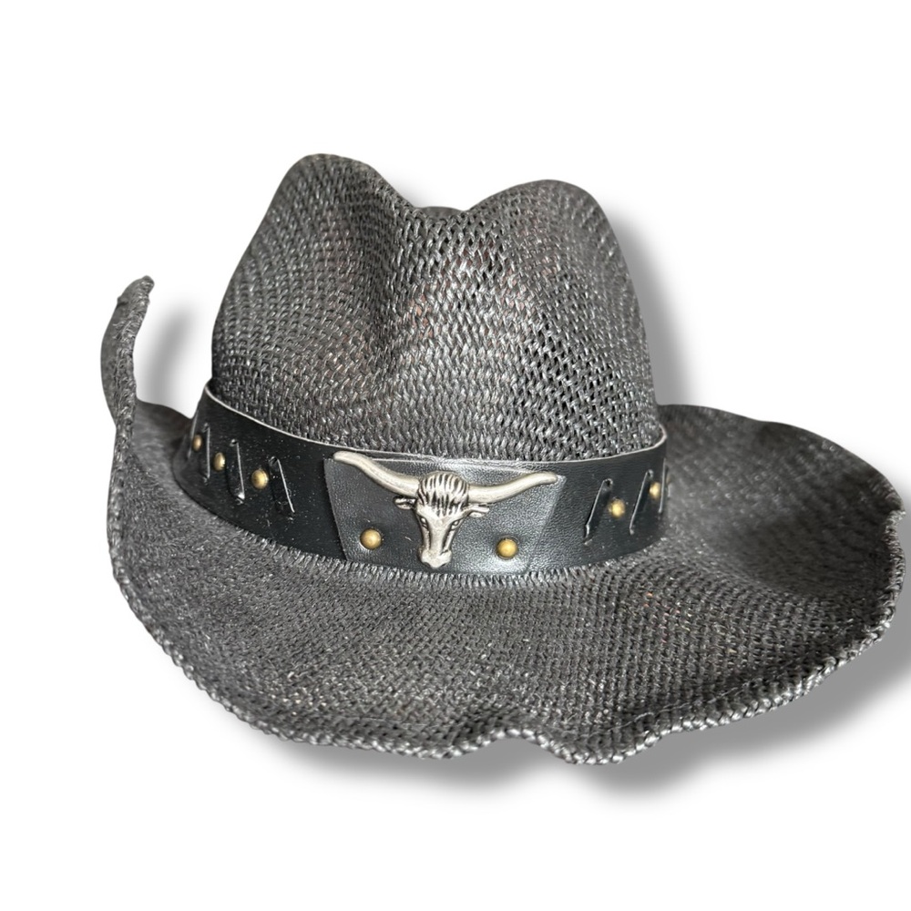 Simplicity Black straw Cowboy Hat Silver Bull long horn Accent western cowgirl